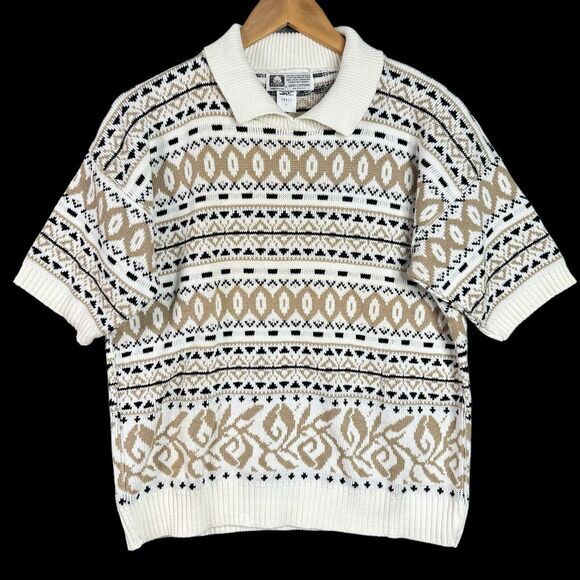 Vintage 90s Made in USA Short Sleeve Knit Sweater L – Retro Geometric Pattern - Picture 11 of 11